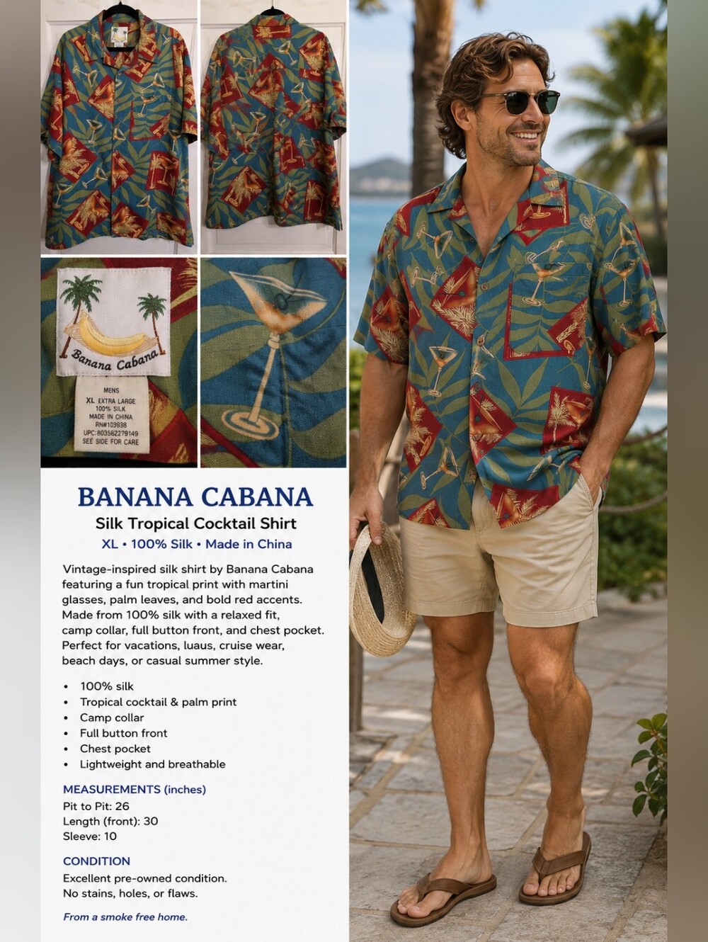 🍸 Banana Cabana Men’s XL 100% Silk Martini Tropical Hawaiian Shirt